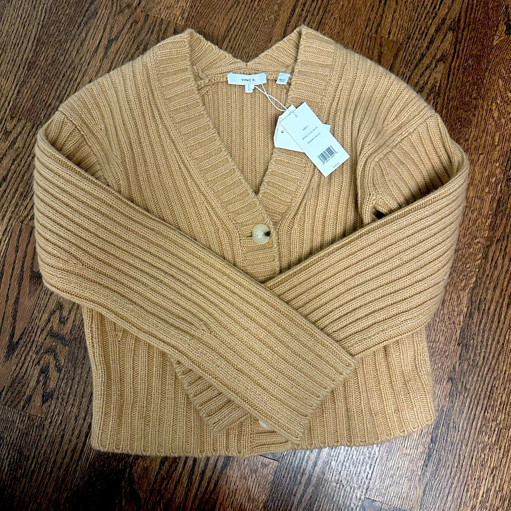 Vince Wool-Cashmere Ribbed Cardigan – Camel – Size S, NWT